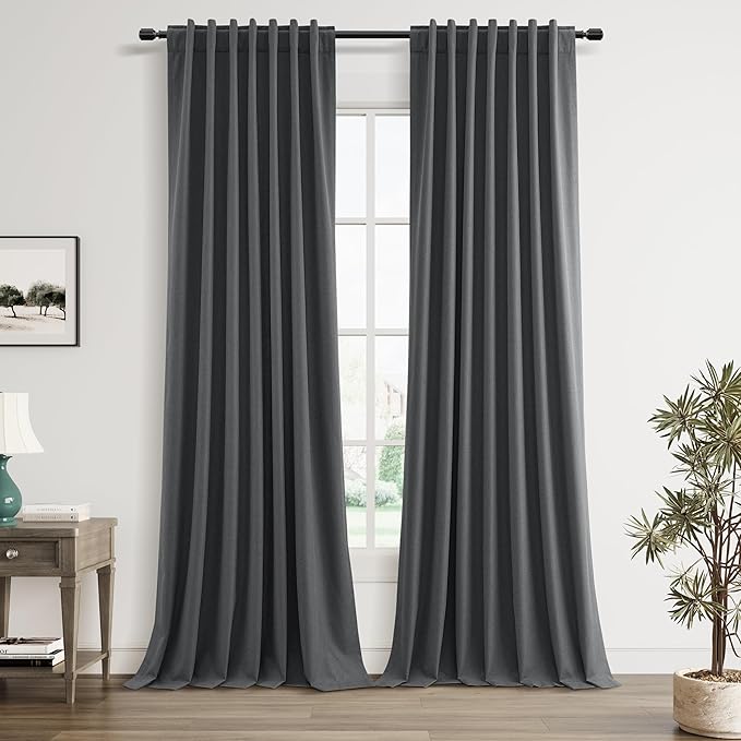 Guken 100% Blackout Curtains 108 Inch Length 2 Panels Set for Living Room Bedroom Back Tab Thermal Insulated Black Out Linen Drapes Room Darkening Blazer Grey,52x108
