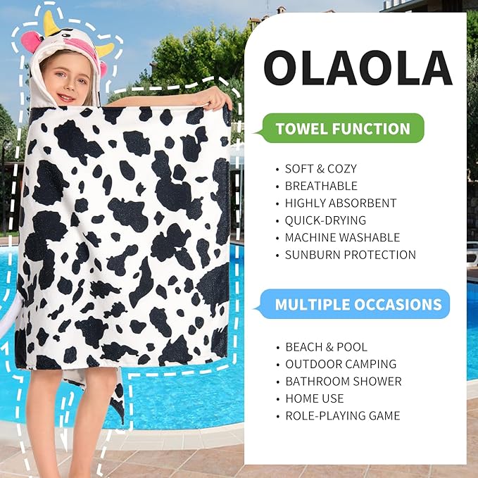 OLAOLA Cow Hooded Towel for Kids 3-12 Years, 28" x 53" Soft Thick Absorbent Beach Towels, Toddler Bath Towel Wrap Swim Pool Towels Poncho for Boys Girls