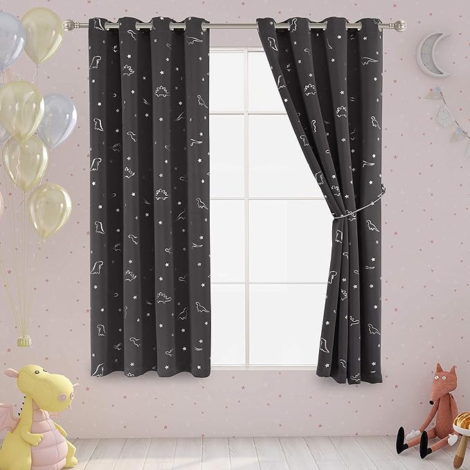 LORDTEX Dinosaur and Star Foil Print Blackout Curtains for Kids Room - Thermal Insulated Curtains Noise Reducing Window Drapes for Boys and Girls Bedroom, 52 x 45 Inch, Dark Grey, Set of 2 Panels