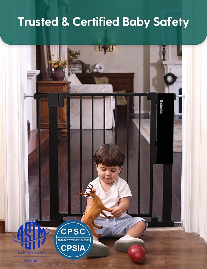 Babelio Smart Baby Gate with Auto-Unlock/Close, Pressure Mounted No Drill for Doorways/Top of Stairs. Pet/Dog Door Wide Walk Thru w/Infrared Sensor & Instant Safety Alert (Black, 26.3-37.8" W, 30" H)