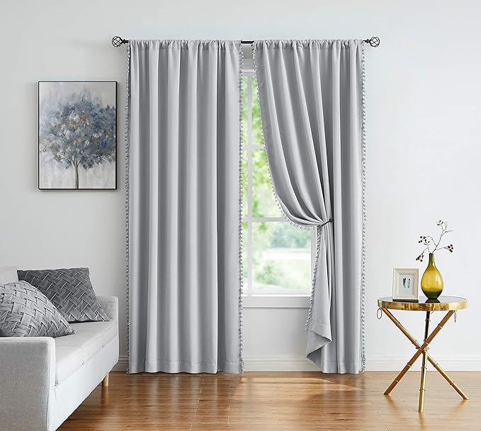 Treatmentex Grey Pompom Curtains for Bedroom Living Room 95 inch Triple Weave Half Blackout Window Curtains for Hotel Men's Guest Room Drapes 52" w x2 Panels Rod Pocket