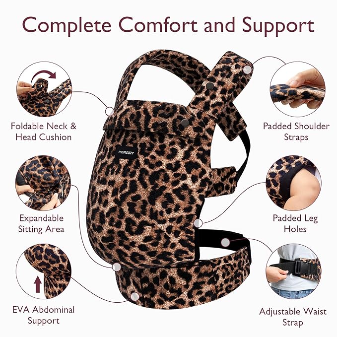 Momcozy Baby Carrier - Ergonomic, Cozy and Lightweight Carrier for 7-45lbs, Effortless to Put On, Ideal for Hands-Free Parenting, Enhanced Lumbar Support, Purehug for Infant to Toddler, Leopard