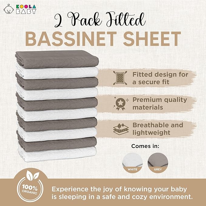 Bassinet Sheet for Bassinet Mattress - 100% Organic Muslin Cotton - Snuggly Soft & Cozy Sheets Fitted for Maxi COSI Iora, Angelbliss, Baby Joy & Kids Club Bedside Sleeper - 2 Pack