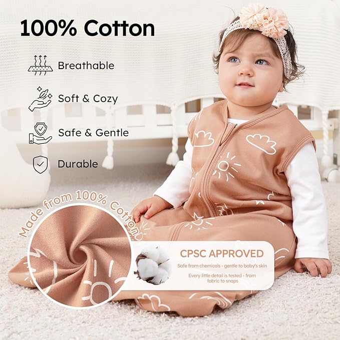 Yoofoss Baby Sleep Sack 12-18 Months 0.5 TOG Baby Wearable Blanket, 100% Organic Cotton Infant Toddler Sleeping Sack 2-Way Zipper Lightweight Sleep Sack, Grizzly