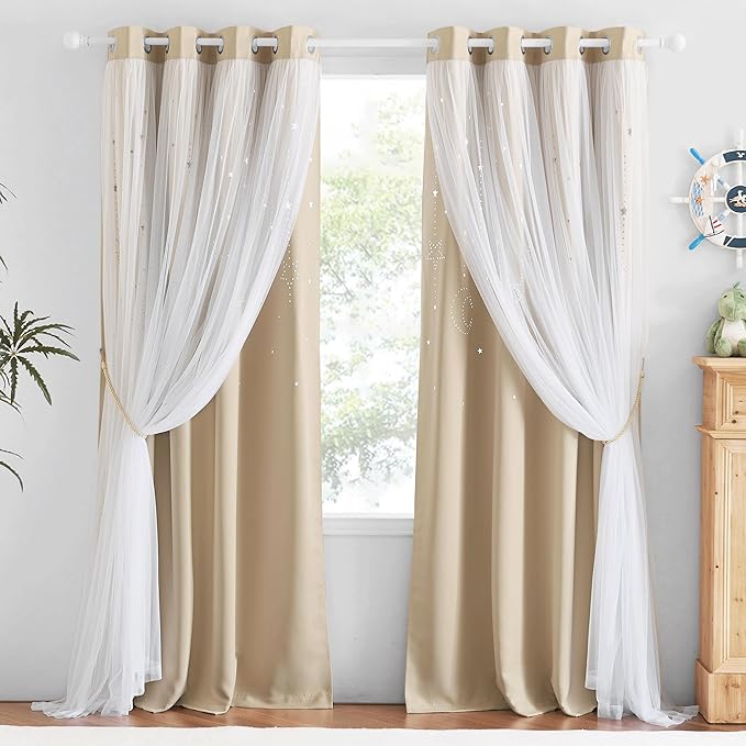NICETOWN Kids Blackout Curtains for Baby Rooms Girl Princess Curtain for Daughter Bedroom Window Moon and Star Hollout Sliding Door Panel for Living Room (Biscotti Beige, W52 X L84, 1 Panel)