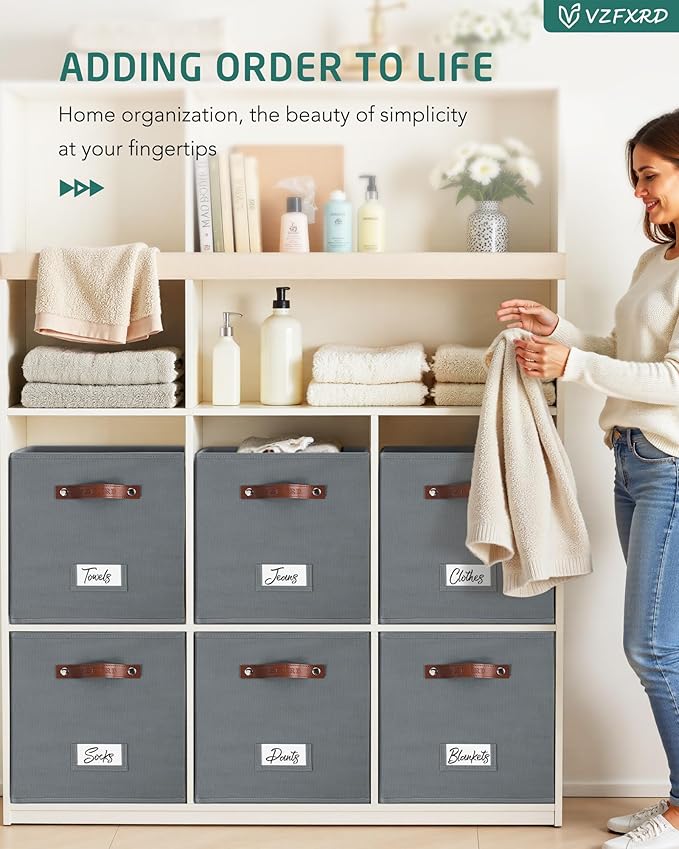 13 Inch Cube Storage Bin Fabric Basket with Handles and Labels, Cube Storage Organizer for Closet, Bedroom, Living Room (Gray,6 Pack)