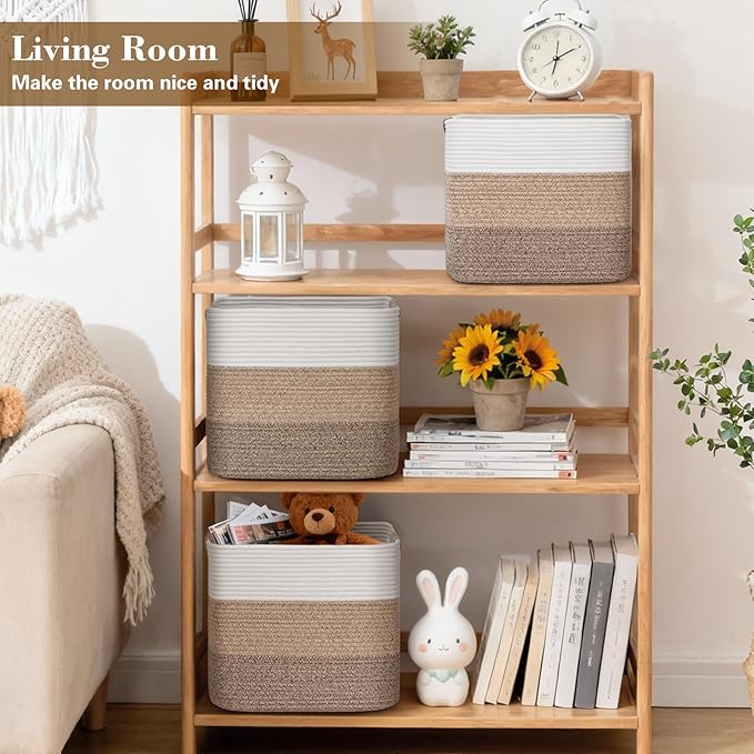 15×13 Inch Storage Cubes, 3 Pack Cube Storage Bins for Organizing, Cotton Rope Woven Baskets for Shelves, Bathroom, Kids Room, Closets, Baby Nursery