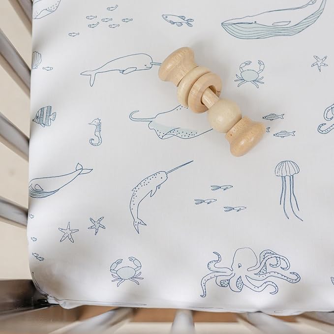 Pehr Crib Sheet, Life Aquatic | Breathable Brushed Organic Cotton for Soft Sleep | Fits Standard Crib Mattresses up to 52”L x 28”W x 8”H