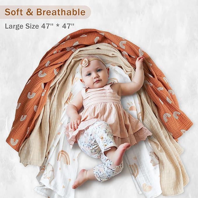 3-Pack 100% Cotton Muslin Swaddle Blankets, Large 47 x 47 Inches — Breathable Soft Receiving Blankets for Newborns, Swaddling Wraps, Registry Gift (Rainbow Elephant Safari)
