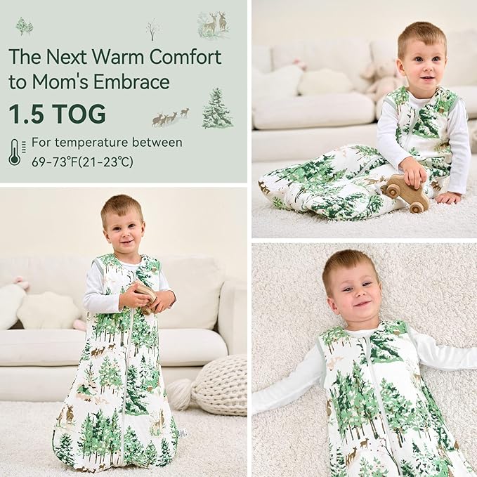 Unnivoll Baby Sleep Sack 18-24 Months 1.5 Tog Baby Wearable Blanket 100% Cotton Fabric Warm Sleeping sack with 2-Way Zipper Quilted for Toddler Infant Tog Green Pine