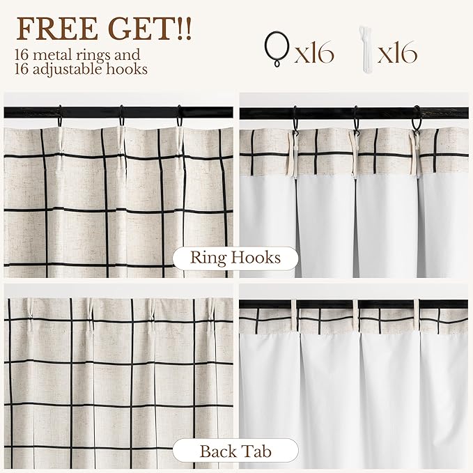 Plaid Pinch Pleated Curtains - Modern Luxury Linen Buffalo Blackout Drapes, Thermal Insulated Double Layer Window Panels for Living Room Bedroom, 90 Inches Long Black 2 Panels Set