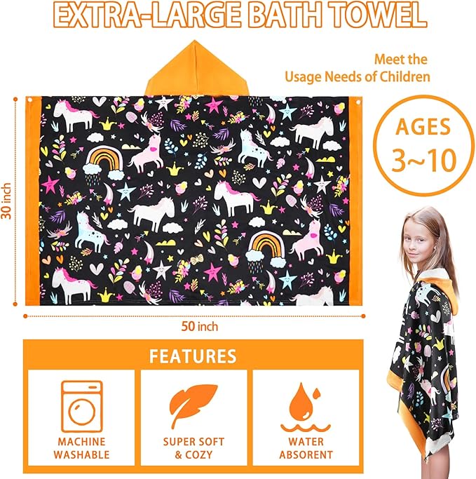 Hooded Poncho Towels for Kids 3-10 Years-Soft Thick Cotton Floral Unicorn Toddler Hood Bath Towels/Pool Terry Towel Beach Wrap Absorbent Cute Bath & Swim Wrap Gift for Boys & Girls-Black