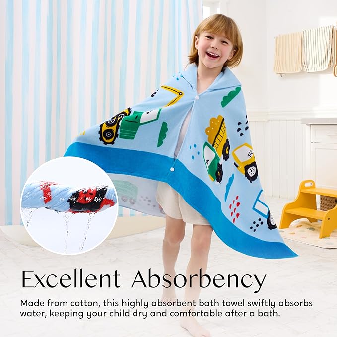 Joiedomi Hooded Towels for Kids Engineering Vehicle Print Soft 100% Cotton Kids Beach Towel 30" x 50" for 3-10 Years Boys Girls Beach Hooded Poncho Absorbent Pool Toddler Swim Bath Wrap