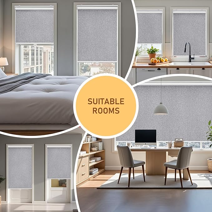 Cordless Roller Shades Blackout Blinds for Windows Room Darkening Rolled Up Shades with Spring System, UV Protection Natural Linen Window Shades Door Blinds for Home,34.5" W x 72" H, Heather Grey