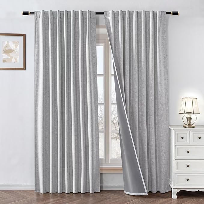 100% Blackout Curtains 90 inch Length 1 Panel Faux Linen Long Drapes for Bedroom Living Room Black Out Room Darkening Curtain Thermal Insulated Back Tab Rod Pocket(W100 x L90,Off-White)