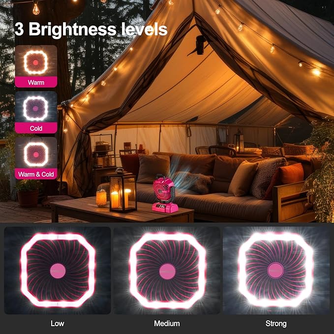 Odoland Portable Camping Fan with LED Lantern, 20000mAh Rechargeable Battery Powered Fan with Auto Oscillation, Timer, Remote, 360° Rotation Hook, 4 Speeds for Power Outage Travel Home, Pink