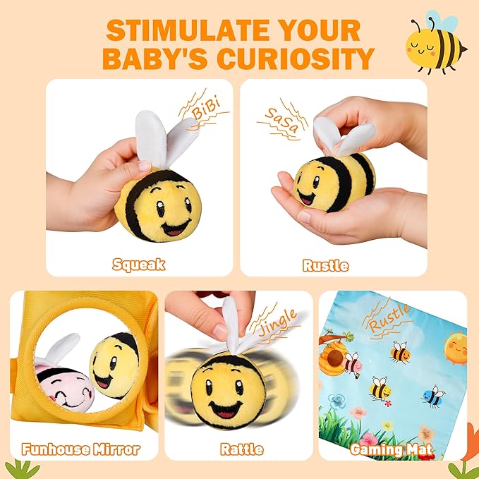 Baby Toys 6-12 Months, Plush Beehive with 4 Sensory Bees, Map Pad, Rattle, Crinkle Paper, Squeaker, Mirror, Montessori Toy for 6 7 8 9 10 11 12 Month Old, Infant Toys Baby Valentines Day Gifts
