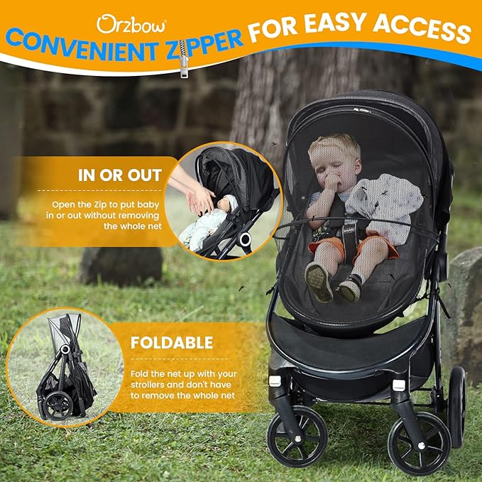 Orzbow Baby Mosquito Net with Sun Shade UPF50+ for Stroller, Universal Stroller Mosquito Netting Privacy Cover with Two-Way Zipper and Storage Bag for Car Seats, Bassinets, Cradles, Mini Cribs, Black