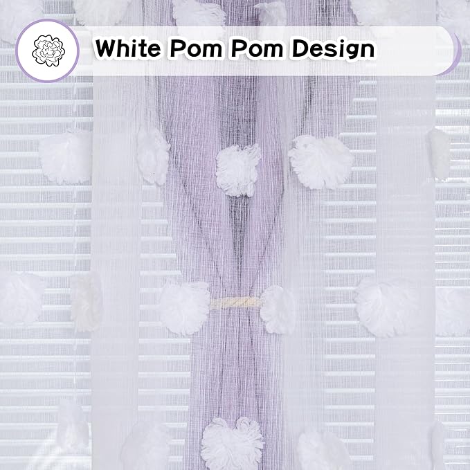 MYSKY HOME Lilac Curtains for Girls Bedroom Kids Curtain 54 Inches Length White Pom Pom Sheer Small Window Curtains 2 Panels Double Layer Curtains Grommet Room Darkening Nursery Curtains, W52 X L54