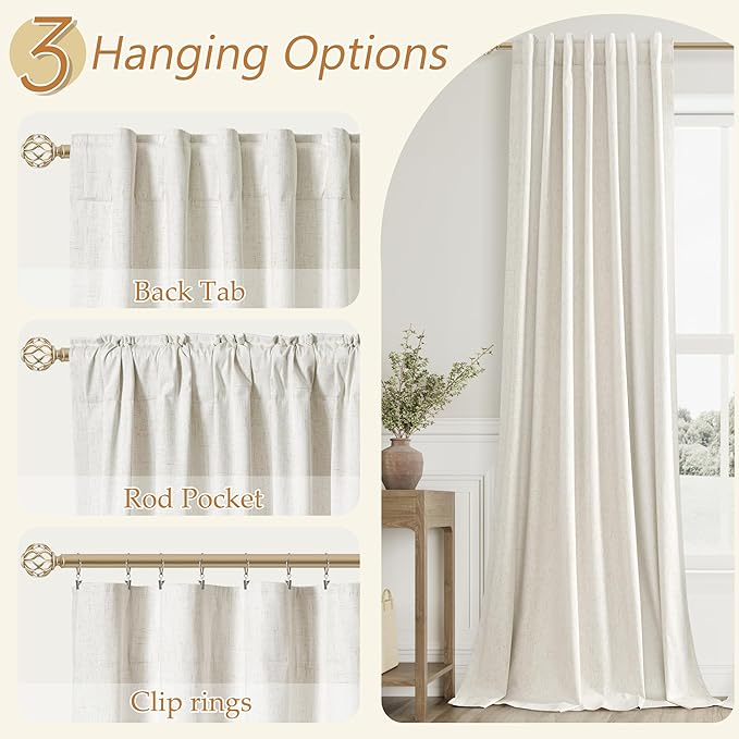 Guken Cream 100% Blackout Curtains 120 Inch Length 2 Panels Set for Living Room Bedroom Back Tab Thermal Insulated Black Out Linen Drapes Room Darkening Window Curtains