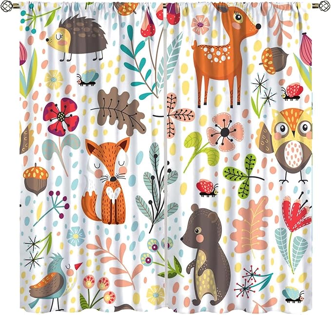 Forest Animals Kids Curtains, Watercolor Wild Rustic Bear Fox Deer Children Cartoon Window Treatments for Living Room, Watercolor Blackout Drapes 2 Panel Sets,84x84 Inch