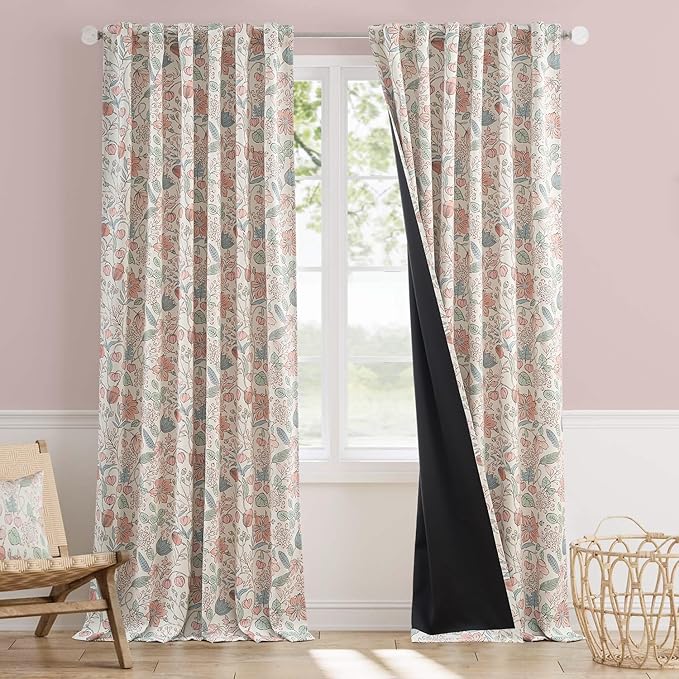 Vangao Pink Nursery Curtains for Girls Room Easter Floral 100% Blackout Curtains 96 Inch Length Farmhouse Drapes for Bedroom Room Darkening Window Flower Patterned Treatment for Kids Set of 2