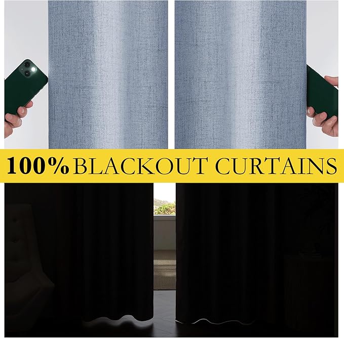 NICETOWN Linen Full Blackout Curtains 52 x 80 inch Panels, Full Bedroom Light Blocking, Thick Linen Blend Rod Pocket & Back Tab Draperies with Liners for Home Theater(Set of 2, Stone Blue)