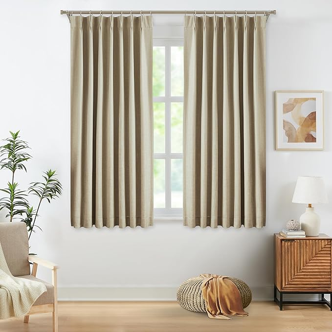 WEST LAKE Oatmeal Tan Bailey Pinch Pleated Full Blackout Curtains with 100 Total Blackout Liners,Short Textured Drapes for Bedroom,Energy Efficient Window Treatment for Bedroom Living Room,40"Wx63"Lx2
