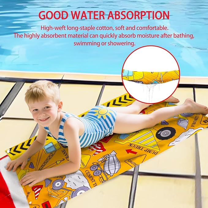 Hooded Beach Towels for Kids - Ultra Soft 100% Cotton Excavator Toddler Hood Bath Towels/Pool Terry Towel Beach Poncho Wrap Absorbent Cute Bath & Swim Wrap Gift for Boys & Girls 3-10 Years - Yellow