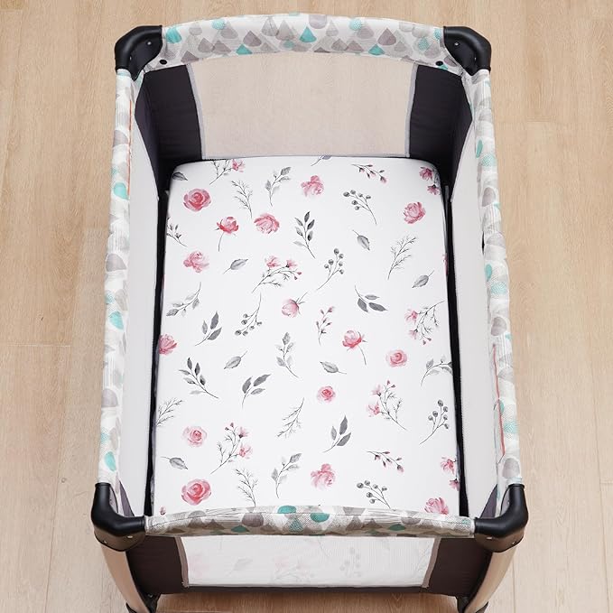 david's kids 3 Pack Mini Crib Sheets, Soft Breathable Premium Pack N Play Sheets for Baby Boys Girls Neutral, Playard and Mini Crib Mattresses, Floral Flowers