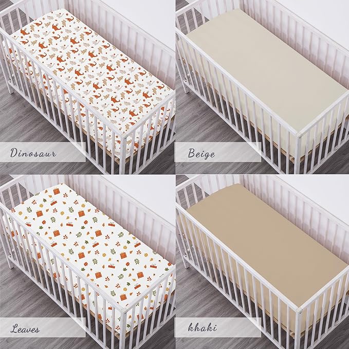 Bimocosy Crib Sheets 4 Pack, Baby Crib Sheets Fitted for Boys and Girls Breathable & Snug Fit, Soft Toddler Bed Sheets for Standard Crib Mattress Nursery Daycare Essentials, Autumn Dinos