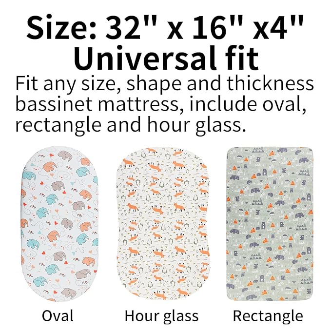 Onacosht Bassinet Sheets 3 Pack for Baby Boy, Soft Stretchy Universal Fitted Sheet Set for Oval Rectangle Hourglass Bassinet Mattress, Forest Fox Elephant Printing
