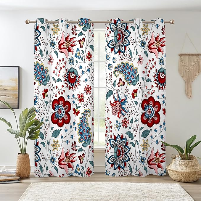 Renaiss Boho Floral Blackout Curtains, Bohemian Flower Plant Print Thermal Insulated Bedroom Window Curtains, Botanical Art Window Drapes for Living Room, 84" L x 53" W 2 Panel Set