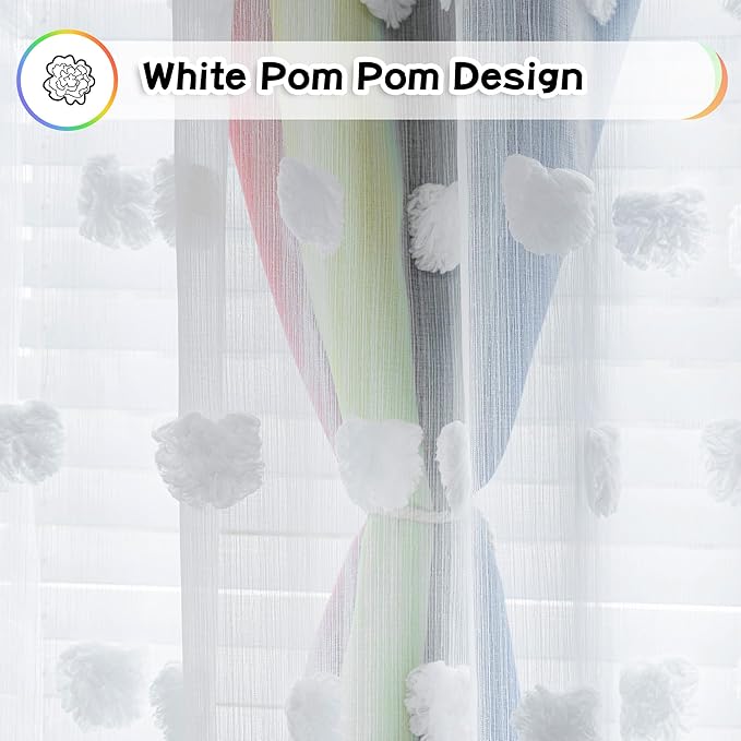 MYSKY HOME Rainbow Curtains for Boys Bedroom Kids Curtains Pom Pom White Sheer Window Curtains Double Layer Solid Nursery Curtains 84 Inches Length Room Darkening Grommet 2 Panels, W52 X L84