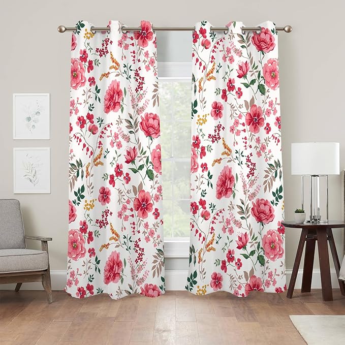 Renaiss Pink Rose Floral Curtains Red Peony Flowers Blackout Window Curtains for Bedroom Thermal Insulated Living Room Window Drapes 29W x 45L Inches 2 Panel Set, Grommet Top