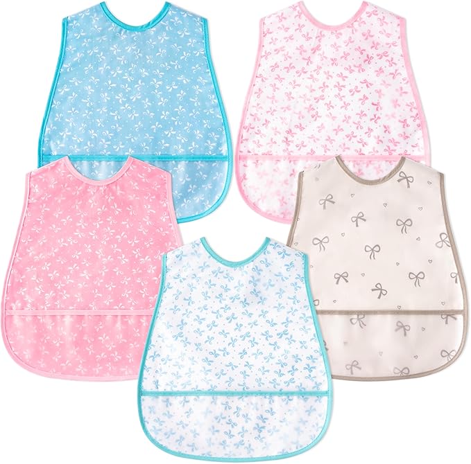 R HORSE 5Pcs Baby Bibs Set Toddler Bibs with Crumb Catcher Pocket & Snap Button Waterproof Baby Feeding Bibs for 6-24 Months