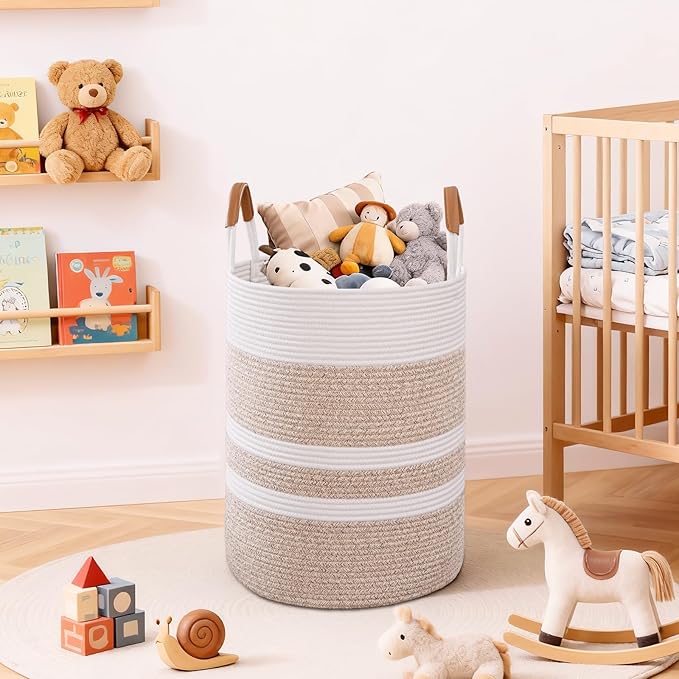 75L Striped Laundry Basket, Brown Laundry Hamper with Leather Handles, Woven Cotton Rope Storage Bin for Blankets, Nursery Hamper for Clothes, Toys In Bathroom, Livingroom, Bedroom