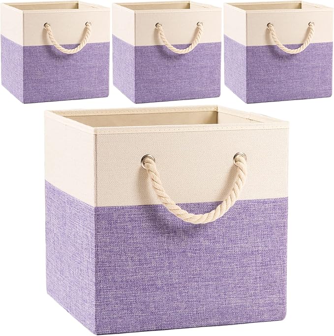 PRANDOM Large Foldable Cube Storage Bins 13x13 inch [4-Pack] Fabric Linen Storage Baskets Cubes Drawer with Cotton Handles Organizer for Shelves Nursery Closet Bedroom Purple