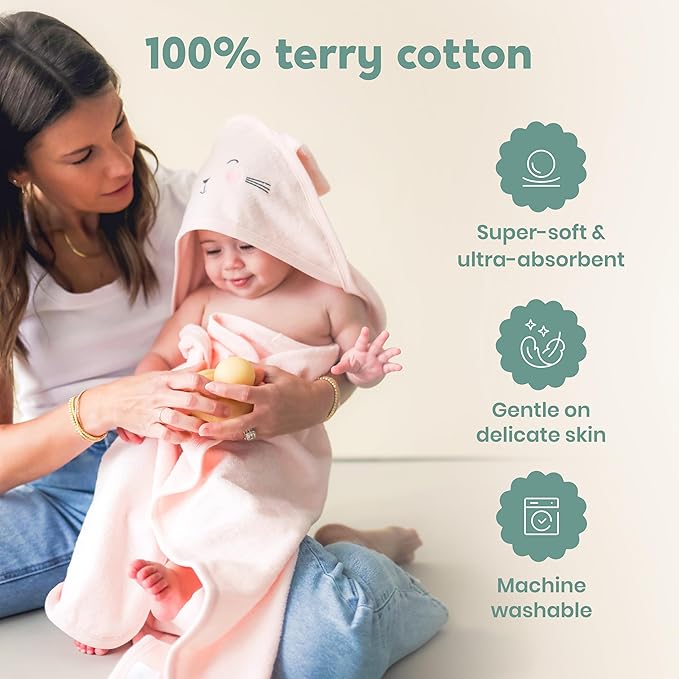 CuddleBug Premium Hooded Baby Bath Towel & Washcloth Set (Bunny) - 100% Cotton Terrycloth Hooded Baby Towels for Newborn & Toddler, Super-Soft & Absorbent, Newborn Essentials (30" x 30") - Blush Pink