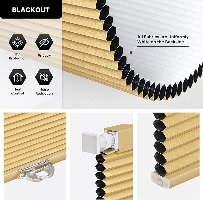 LazBlinds Cordless Cellular Shades, No Tools No Drill Blackout Honeycomb Shades Pleated Blinds for Windows, 22 1/2" W x 64" H, Yellowish-Brown
