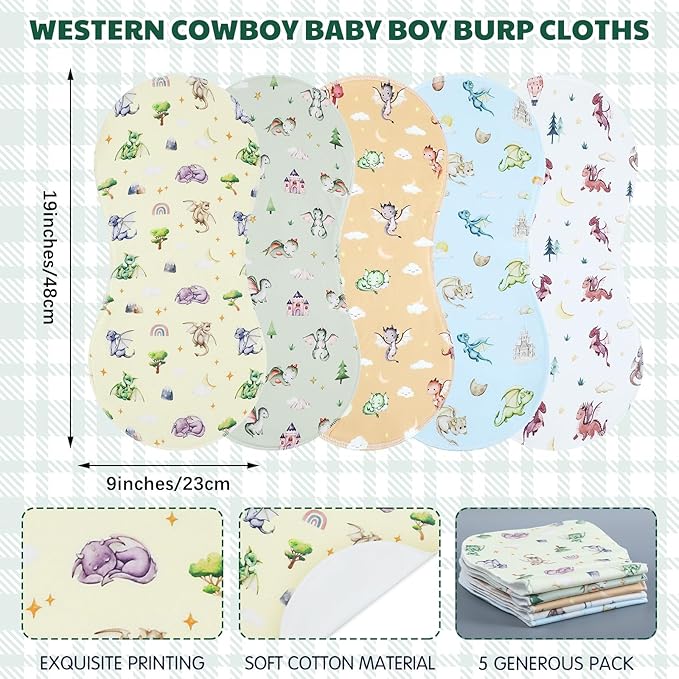 SmoothNovelty 5 Pack Watercolor Dragon Pattern Baby Burp Cloths Soft Absorbent Burping Rags for Newborns 19"x9" Spit up Cloths for Boy Girl Newborn Baby Shower Registry Gifts Set Nursery Decor