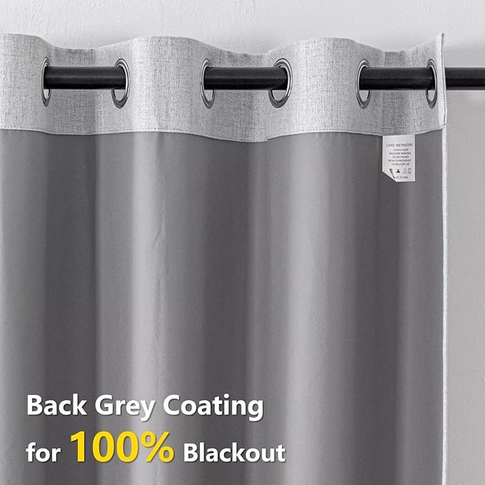 100% Blackout Curtains 96 Inch Long 2 Panels Set, Faux Linen Black Out Curtains for Bedroom Living Room, Thermal Insulated Room Darkening Drapes Grommet(W52 x L96, Greyish White)