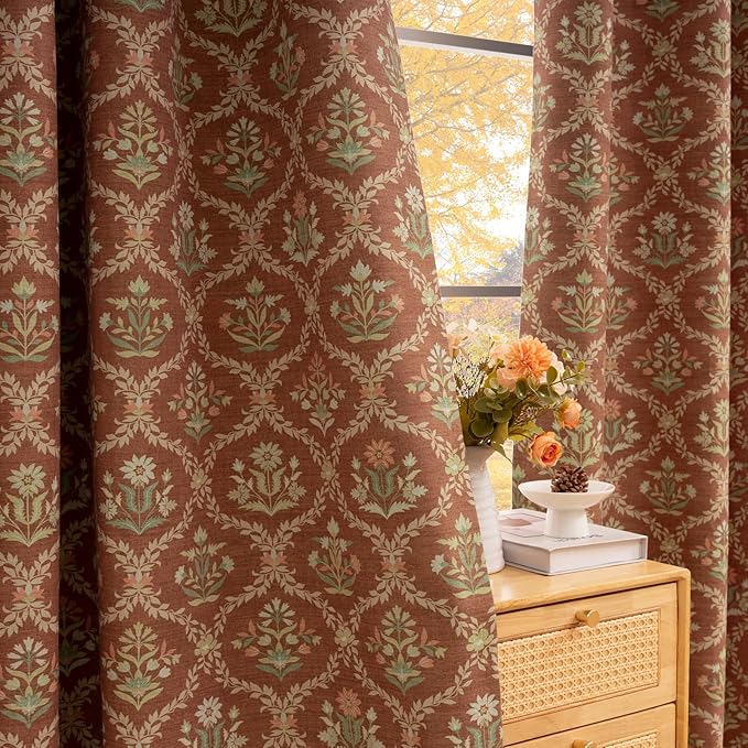 ColorBird Blackout Burnt Orange Floral Block Print Thermal Curtains for Winter Insulated 84 Inches Long Patterned Farmhouse Vintage Drapes for Bedroom Living Dining Room Window Treatments