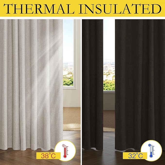 NICETOWN Brich Vintage Open Linen Weave Flax Thermal Curtains, 100% Blackout Curtains 84 inches Long for Dining Room, 52" Wide Per Panel, Set of 2, Soundproof Window Treatment Drapes for Hall Room