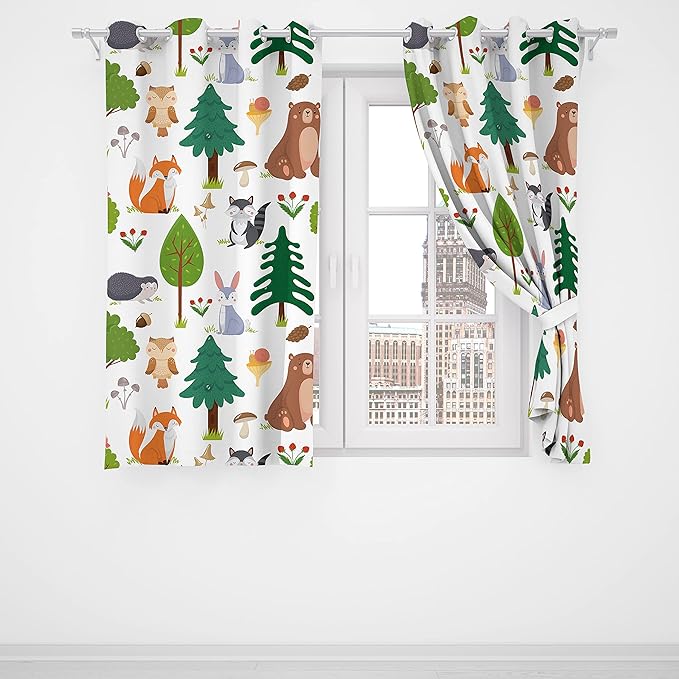 Darkening Thermal Insulated Curtains Pattern Printing Summer Forest Cute Wildlife Animal and Forests Floral Cartoon Room Darkening, Noise Reducing 85x85inch(214x214cm)