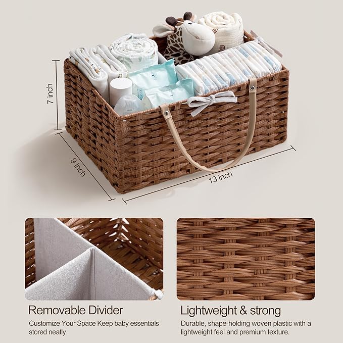 HBlife Diaper Caddy Organizer, Washable Waterproof, Portable Plastic Wicker Woven Basket with Divider, Nursery Diaper Station, Baby Shower Gifts Basket & Car Organizer