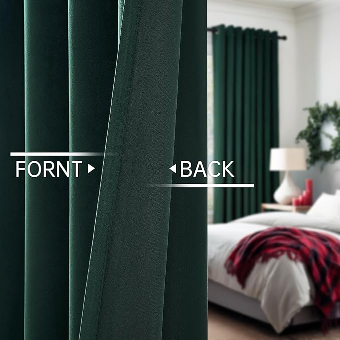 Topfinel Dark Green Velvet 84 Inches Curtains 2 Panels Modern Boho Luxury Room Darkening Thermal Insulated Grommet Drapes for Living Room Bedroom Christmas Green Winter Season Holiday Decor W52 x L84