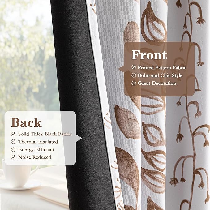 MEETSKY Blackout Curtains 63 Inches Long Leaves Patterned Farmhouse Thermal Insulated Privacy Protection Drapes with Rod Pocket Back Tab for Bedroom Living Room, 2 Panels, 50" Wide, Khaki
