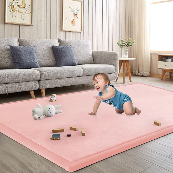 Baby Play Mat for Floor Tummy Time Mat Nursery Rug Muscle Mat Area Rug Playroom Rug Tatami Mat 71x79" Memory Foam 1.3" Thick Crawling Mat for Babies,Toddlers, Infants, Kids,Floor Mat(Pink)
