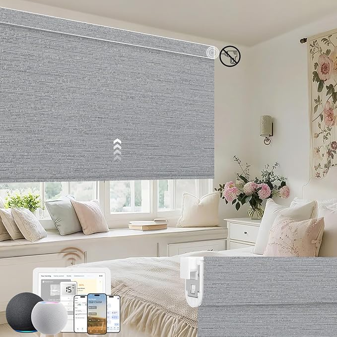 Kincmo No Drill Motorized Blinds with Remote, 100% Blackout Roller Shades for Windows, Custom Electric Blinds Compatible with Alexa, Apple Homekit, Google Home (100% Blackout Elegant Grey)